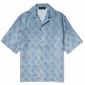 AMIRI  Convertible-Collar Logo-Print Silk- Short Sleeve Shirt - Blue Size It48